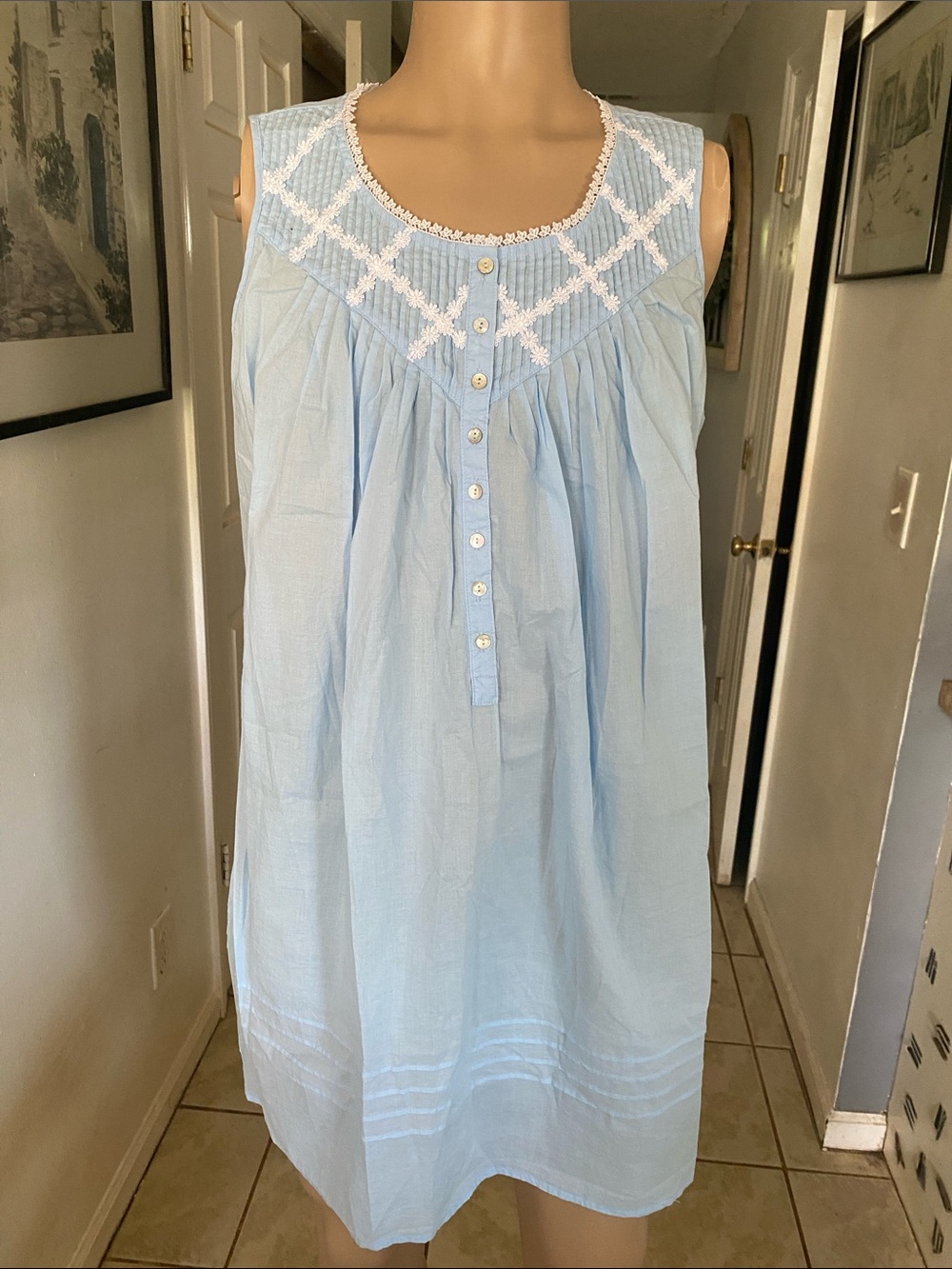 Eileen West Light Blue Cotton Nightgown with White Lace Yoke